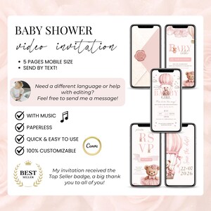 Editable baby shower video invitation for girl with music, 5 mobile pages including RSVP, Save the Date, and animated teddy bear theme, Canva template, digital and paperless, customizable and easy to send via text, top seller badge, pink coquette aesthetic