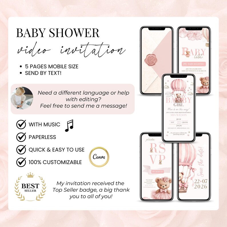 Editable baby shower video invitation for girl with music, 5 mobile pages including RSVP, Save the Date, and animated teddy bear theme, Canva template, digital and paperless, customizable and easy to send via text, top seller badge, pink coquette aesthetic