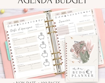 May include: A pink budget planner with gold rings, open to reveal detailed financial planning pages. The cover reads "AGENDA BUDGET" and includes the text "NON DATÉ • 100 PAGES". A smaller planner with the text "MON BUDGET PLANNER" is also visible.