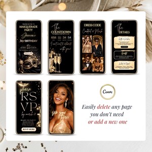 Elegant masquerade party invitation in black and gold, digital birthday invite with RSVP Google Form, fully editable Canva template for adult 30th 40th 50th 60th birthday celebration.