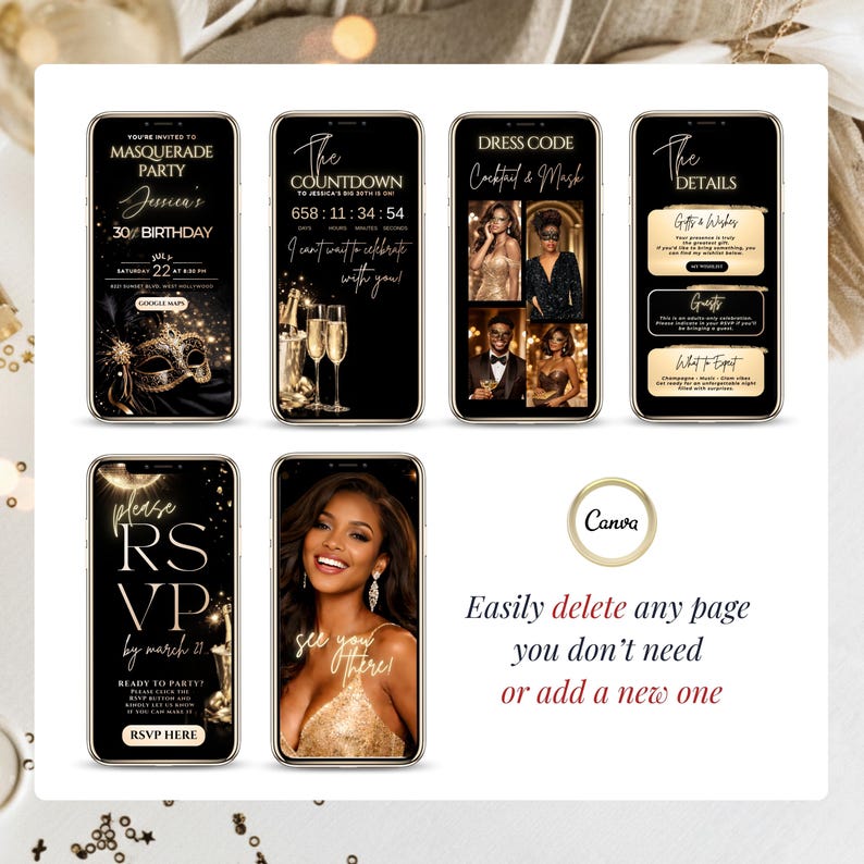 Elegant masquerade party invitation in black and gold, digital birthday invite with RSVP Google Form, fully editable Canva template for adult 30th 40th 50th 60th birthday celebration.