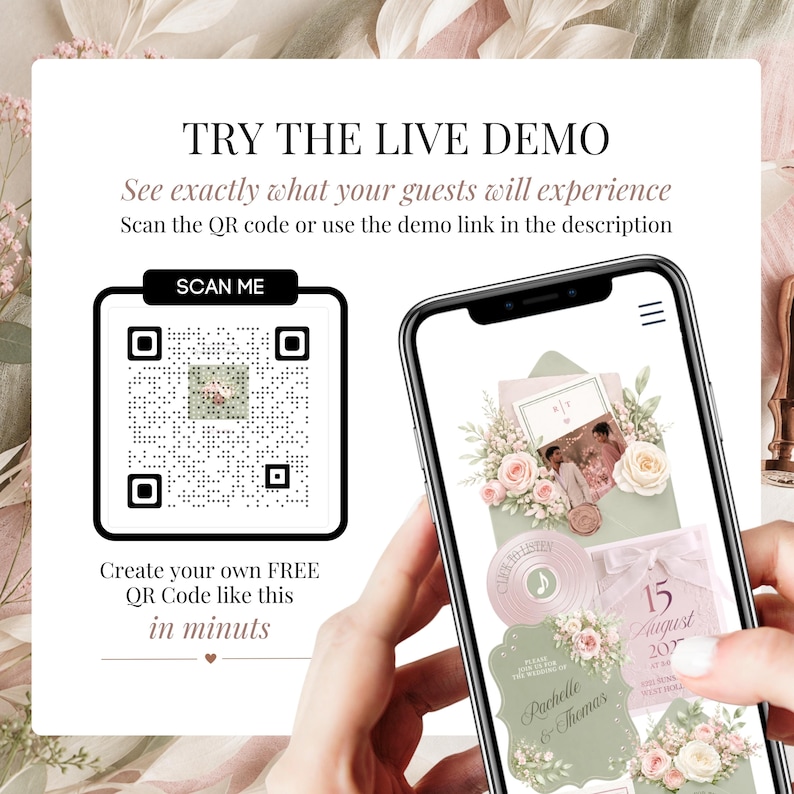 Wedding website invitation Canva template with QR code live demo preview, editable mobile wedding RSVP invitation in romantic pastel pink and sage green floral theme