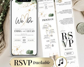 Modelo de convite de casamento verde sálvia – Confirmação de presença rastreável, design minimalista (digital)
