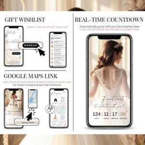 Quinceañera digital invitation features real-time countdown, Google Maps venue link, and gift wishlist. Editable Canva website template with RSVP, program, and celebration details. Champagne & gold mobile layout, perfect for Sweet 15 or Sweet 16. Stress-free directions and guest convenience included.