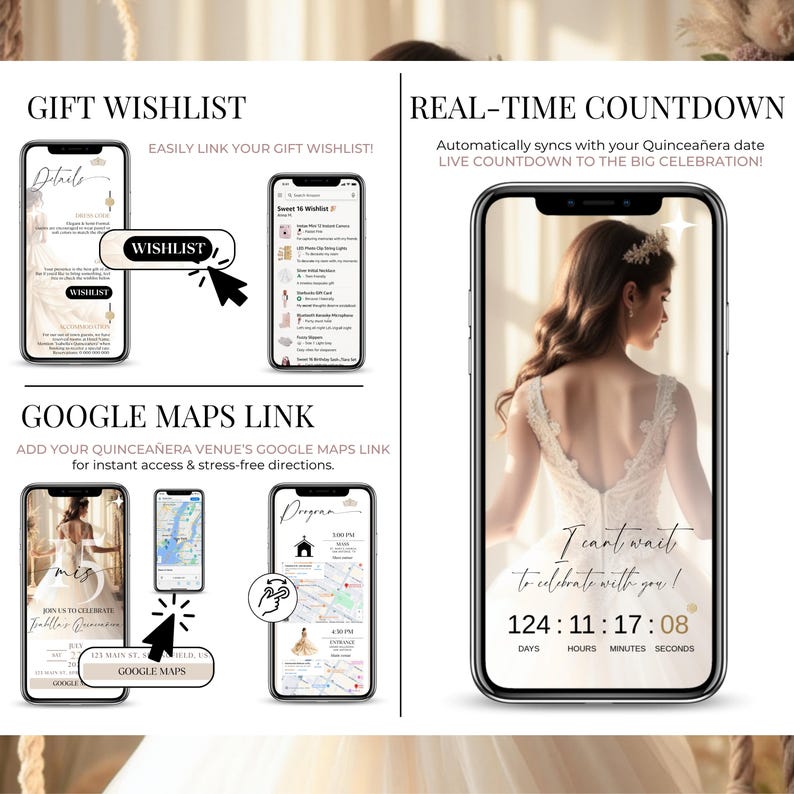 Quinceañera digital invitation features real-time countdown, Google Maps venue link, and gift wishlist. Editable Canva website template with RSVP, program, and celebration details. Champagne & gold mobile layout, perfect for Sweet 15 or Sweet 16. Stress-free directions and guest convenience included.