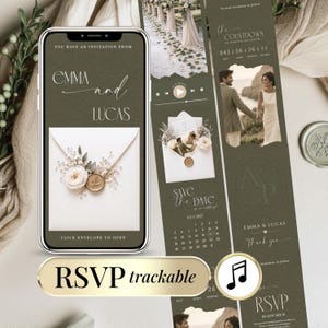 May include: An olive green wedding invitation design featuring a smartphone and a long card. The phone displays "EMMA and LUCAS" and an envelope graphic. The card includes a countdown, photos, and RSVP details. The text "RSVP trackable" is also visible.