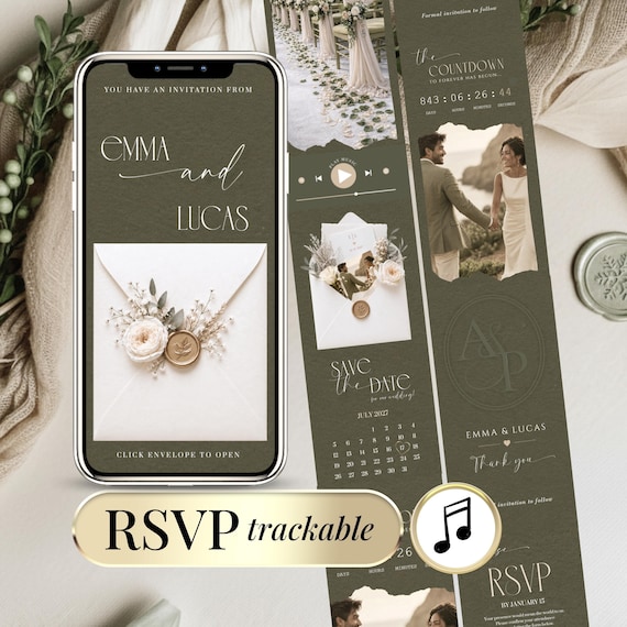 Olive Green Wedding Save The Date RSVP Website Invitation | Editable Canva Wedding Invite with Envelope Opening, Countdown Music & Monogram