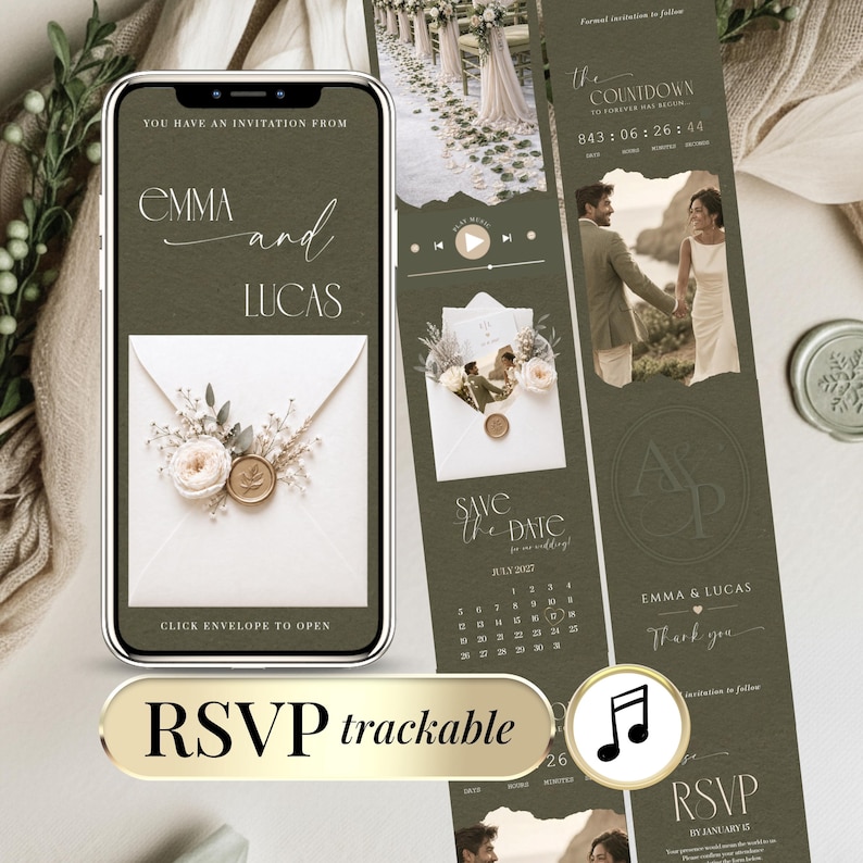 Olive green wedding save the date RSVP website invitation, editable Canva digital wedding invite with clickable envelope opening, live countdown, music, monogram personalization and mobile RSVP tracking, elegant luxury green wedding website template for modern couples