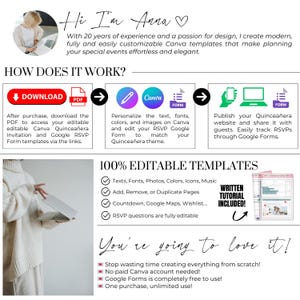 May include: A promotional graphic for Canva templates. The design includes text, icons, and a photo of a person using a laptop. The text highlights the ease of use and customization for special events, including Quincea&ntilde;era invitations.