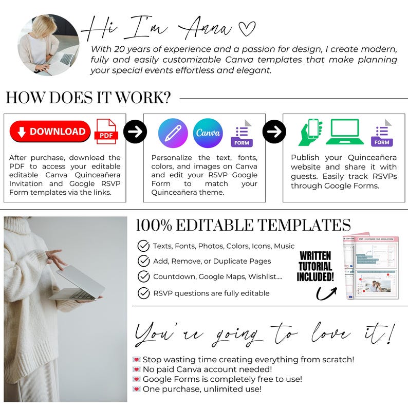 May include: A promotional graphic for Canva templates. The design includes text, icons, and a photo of a person using a laptop. The text highlights the ease of use and customization for special events, including Quincea&ntilde;era invitations.