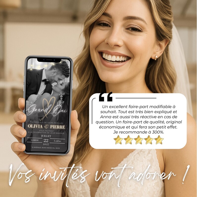 Invitée tenant son téléphone avec l’invitation de mariage numérique affichée à l’écran, témoignage client positif, design chic et moderne avec RSVP en ligne.