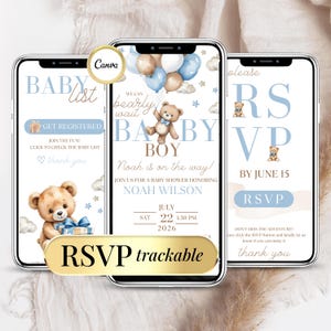 Modello di invito per baby shower - Invito digitale modificabile con orsetto blu per bambini con RSVP cliccabile - Modello di invito digitale RSVP online