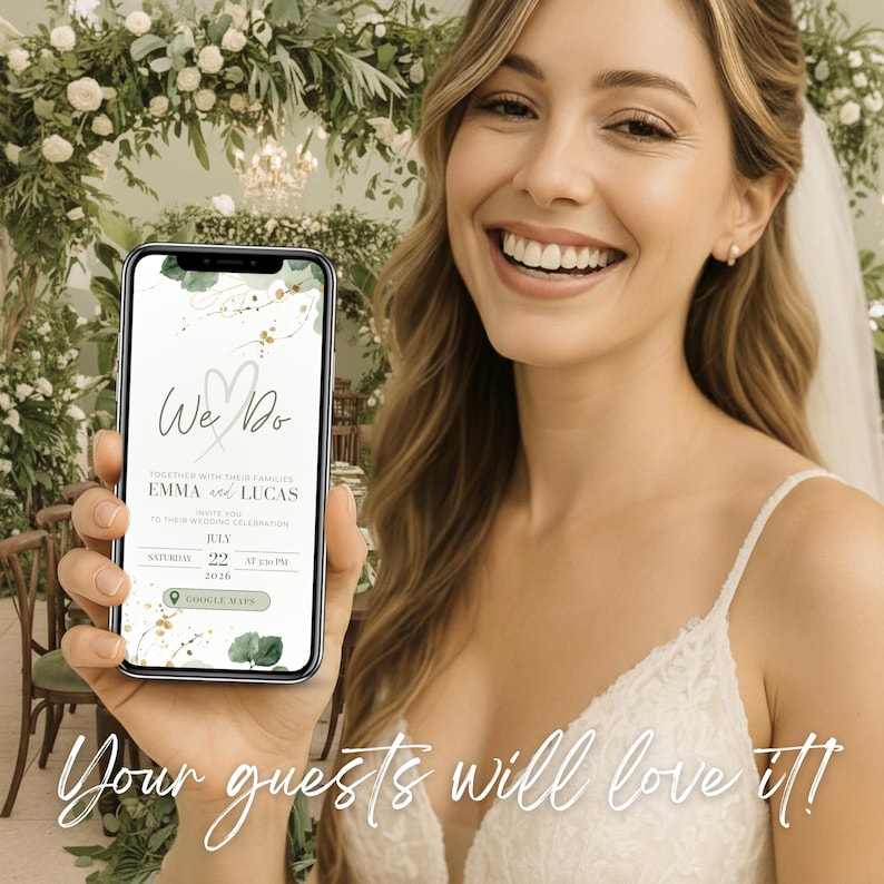 Bride holding smartphone displaying sage green digital wedding invitation with Google Maps link. Modern Canva wedding website template designed for texting or email. Elegant greenery invite preview shown on phone with smiling bride in floral ceremony setting. Perfect for digital wedding RSVP, online save the date and mobile-friendly wedding invitations your guests will love.