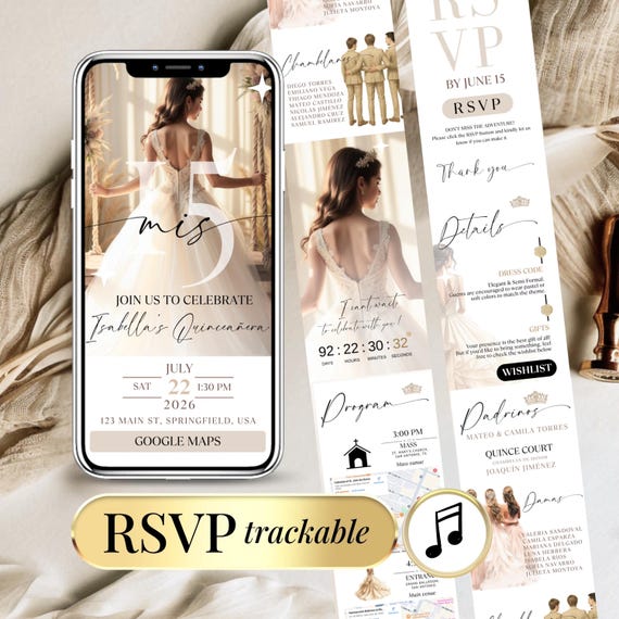 Elegant Quinceanera Invitation Digital RSVP Editable Template for Sweet 15 Quinceanera Website Mis Quince Anos Sweet 16 Invitation Download