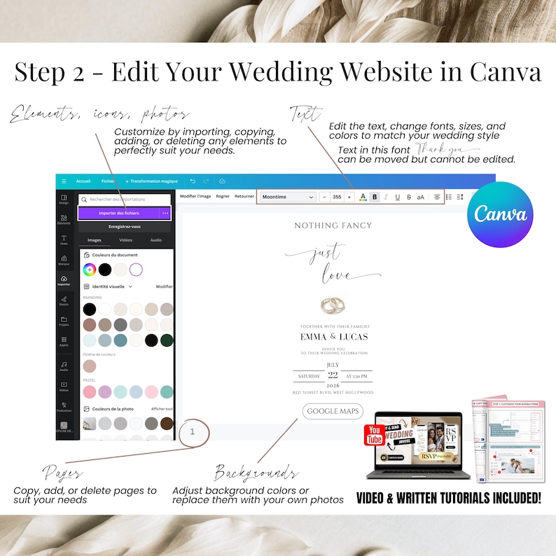 Step 2 of creating a digital wedding invitation using Canva. Edit your online wedding website by customizing text, fonts, colors, icons, and background. Easily add or delete pages and upload personal photos. Features the “Nothing Fancy Just Love” template and Google Maps link. Canva editor is shown with style options. Video and written tutorials included for step-by-step setup. Perfect for modern weddings.