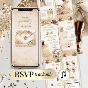 May include: A digital invitation displayed on a smartphone screen featuring a beige background with floral illustrations, a wax-sealed envelope graphic, and the text YOU ARE cordially INVITED. The interface includes sections for details, RSVP, and event information.