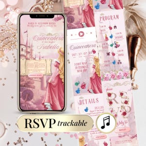 Sleeping Beauty Quinceañera Sweet 16 Digital Invitation Website – Editable Canva Template with RSVP Form, Countdown, Music & Gift Wishlist | Elegant Pink Princess Theme Online Invite for 15th Birthday Celebration