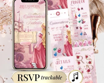 Quinceañera Invitation Website Sweet 16 Digital Canva Template – Pink Sleeping Beauty Theme with Editable RSVP Form, Countdown Online Invite