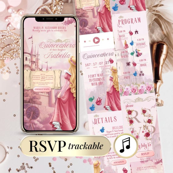 Quinceañera Invitation Website Sweet 16 Digital Canva Template – Pink Sleeping Beauty Theme with Editable RSVP Form, Countdown Online Invite