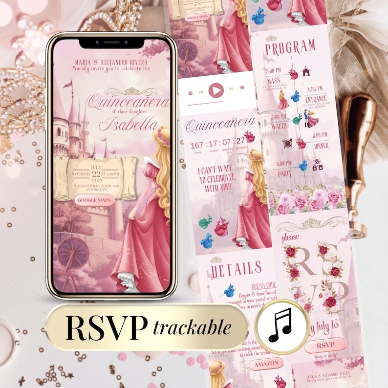 Sleeping Beauty Quinceañera Sweet 16 Digital Invitation Website – Editable Canva Template with RSVP Form, Countdown, Music & Gift Wishlist | Elegant Pink Princess Theme Online Invite for 15th Birthday Celebration