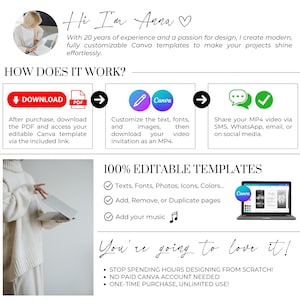 How to edit your Wedding Video Invitation in Canva. Download PDF, customize photos, text, colors, fonts, pages, and music, then export as MP4. Elegant digital wedding invitation template with unlimited edits.