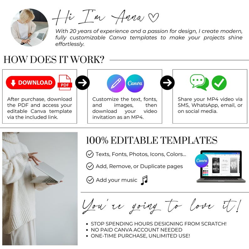 How to edit your Wedding Video Invitation in Canva. Download PDF, customize photos, text, colors, fonts, pages, and music, then export as MP4. Elegant digital wedding invitation template with unlimited edits.
