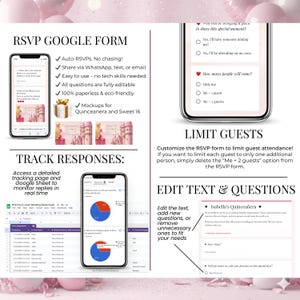 RSVP Google Form for Sleeping Beauty Quinceañera digital invitation website. Track guest responses, limit guests, and edit text easily in Canva. Perfect interactive Sweet 16 online invite for pink princess-themed 15th birthday celebration with built-in RSVP system.