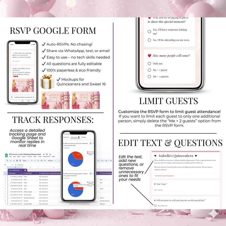 RSVP Google Form for Sleeping Beauty Quinceañera digital invitation website. Track guest responses, limit guests, and edit text easily in Canva. Perfect interactive Sweet 16 online invite for pink princess-themed 15th birthday celebration with built-in RSVP system.