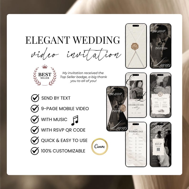 Elegant digital wedding invite video invitation with best seller badge, featuring send by text, 9-page mobile video, included music, RSVP QR code and fully customizable Canva template.