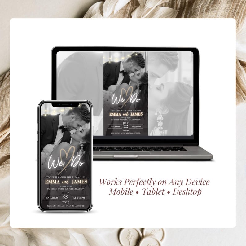 Burgundy gold wedding website invitation displayed on laptop and phone screen showing romantic couple photo, We Do heading and wedding details, fully responsive on any device