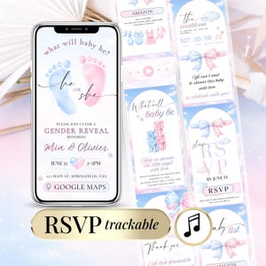 Puede incluir: Una pantalla de teléfono inteligente muestra una invitación de revelación de género con huellas de pies azules y rosas, el texto "What will baby be?" y los detalles del evento. Tarjetas digitales adicionales presentan lazos, texto y un icono de nota musical.