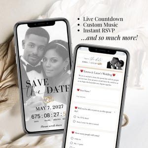 Animated digital wedding invitation with live countdown, custom music and instant RSVP, shown on smartphone screen for modern Save the Date wedding invite.