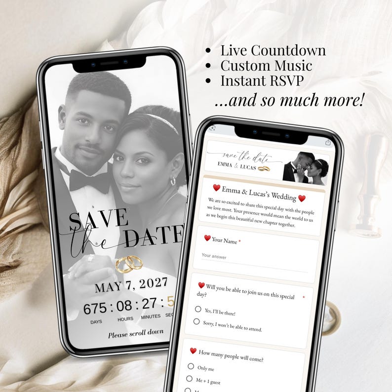 Animated digital wedding invitation with live countdown, custom music and instant RSVP, shown on smartphone screen for modern Save the Date wedding invite.