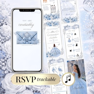 Cinderella Quinceañera Invitation with RSVP Link, blue and silver princess website invitation template, editable Canva quinceañera website featuring clickable envelope, RSVP tracking, music, countdown timer, Google Maps, and elegant Cinderella-inspired floral design.