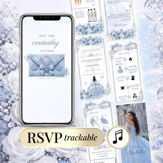 Cinderella Quinceañera Invitation with RSVP Link, Blue Silver Princess XV Años Invite, Mis Quince Website, Sweet 16 Invite Editable Template