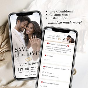 Animated wedding save the date digital invitation, RSVP wedding website template Canva, calendar wedding invite with music and countdown, modern elegant online wedding invitation for paperless wedding planning