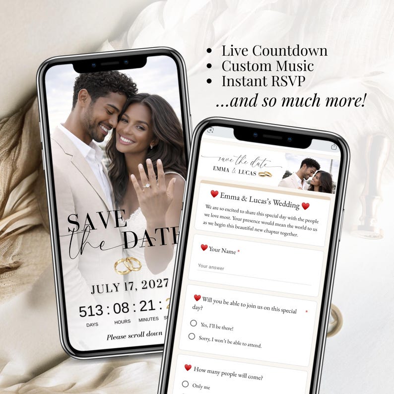 Animated wedding save the date digital invitation, RSVP wedding website template Canva, calendar wedding invite with music and countdown, modern elegant online wedding invitation for paperless wedding planning