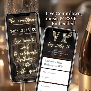 Editable men’s 50th birthday digital invitation with live countdown timer and embedded RSVP form. Modern black and gold Canva template for milestone birthday party, fully customizable with music option, photos, and gold numbers 0–9. Instant download online birthday evite, share via SMS, WhatsApp, or email, perfect for him or her.
