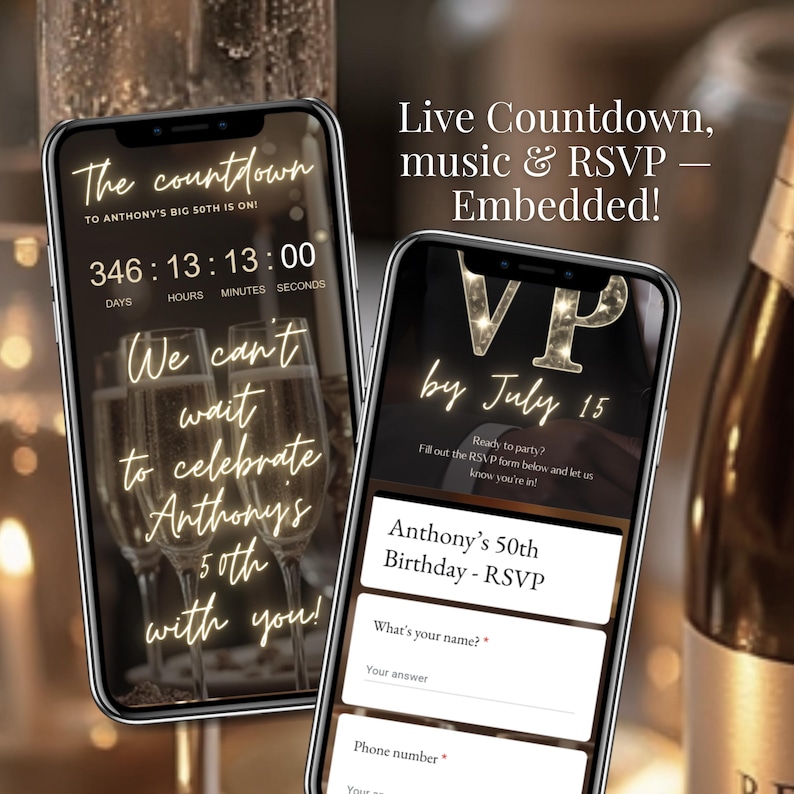 Editable men’s 50th birthday digital invitation with live countdown timer and embedded RSVP form. Modern black and gold Canva template for milestone birthday party, fully customizable with music option, photos, and gold numbers 0–9. Instant download online birthday evite, share via SMS, WhatsApp, or email, perfect for him or her.