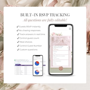 Built in wedding RSVP tracking Canva template with instant guest responses, meal choices, editable RSVP questions and digital wedding invitation response management