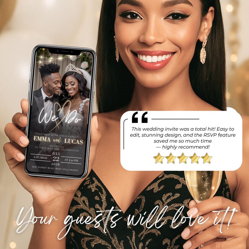 Happy bride holding phone with digital wedding invitation Canva template, featuring RSVP tracking, countdown timer, music, and elegant black gold design. Customer review praising easy editing, stunning animated wedding website invite, and time-saving RSVP form. Modern eco-friendly online wedding evite your guests will love, perfect for couples seeking stylish digital wedding invitations.