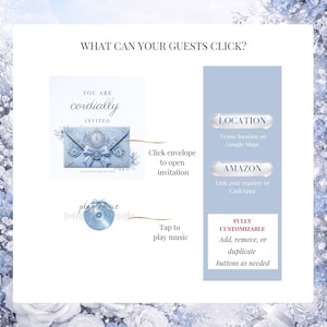 Interactive Quinceañera website invitation showing clickable envelope opening page, music player button, Google Maps location link, registry links, and customizable navigation buttons. Blue and silver Cinderella Canva template.