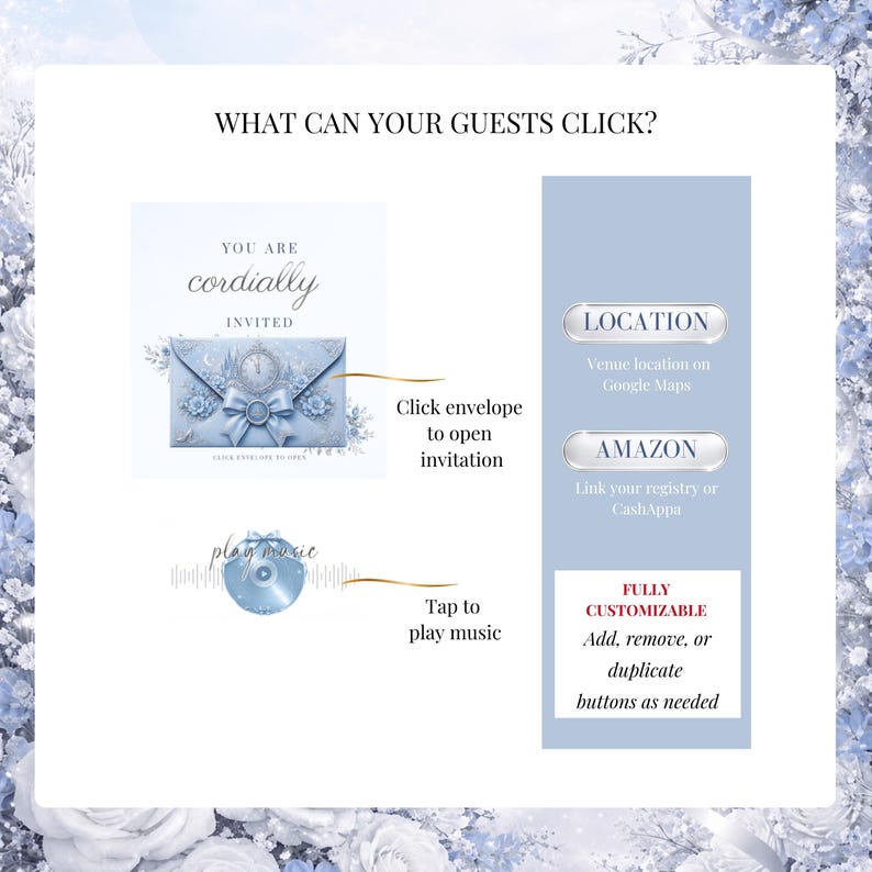 Interactive Quinceañera website invitation showing clickable envelope opening page, music player button, Google Maps location link, registry links, and customizable navigation buttons. Blue and silver Cinderella Canva template.