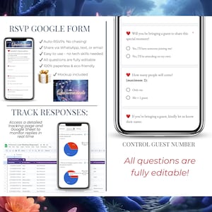 Google RSVP Form dashboard showing answer tracking and editable fields. Ideal for Quinceañera digital invitation with live guest management.