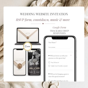 Elegant ivory Wedding Website Invitation displayed on laptop and smartphones with Google Form RSVP, trackable RSVP responses, Canva editable template, music, countdown timer and digital wedding invitation.