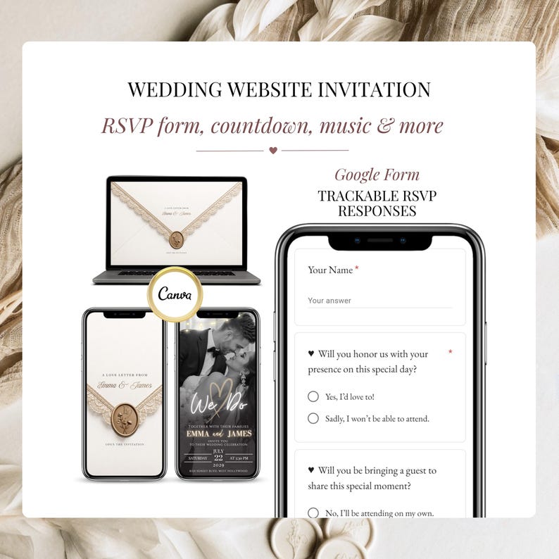 Elegant ivory Wedding Website Invitation displayed on laptop and smartphones with Google Form RSVP, trackable RSVP responses, Canva editable template, music, countdown timer and digital wedding invitation.