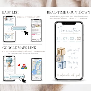 Baby Shower Invitation Features – Real-Time Countdown, Baby Registry Link, and Google Maps Location – Blue Teddy Bear Theme for Baby Boy – Editable Canva Template for Mobile – Track your RSVP, add your gift list and event address – Easy access for guests via phone – Stress-free planning for digital baby shower invitations.