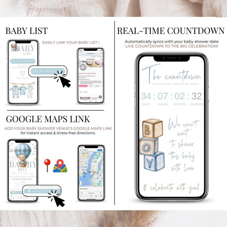 Baby Shower Invitation Features – Real-Time Countdown, Baby Registry Link, and Google Maps Location – Blue Teddy Bear Theme for Baby Boy – Editable Canva Template for Mobile – Track your RSVP, add your gift list and event address – Easy access for guests via phone – Stress-free planning for digital baby shower invitations.
