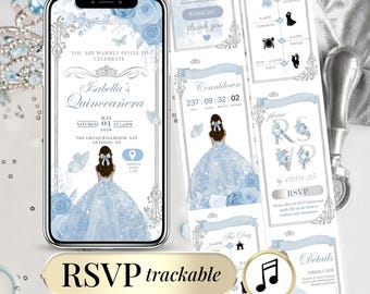 Light Blue Quinceañera Digital Invitation – Editable Silver Floral Template 15th Birthday Animated Invite with Clickable RSVP Form Download