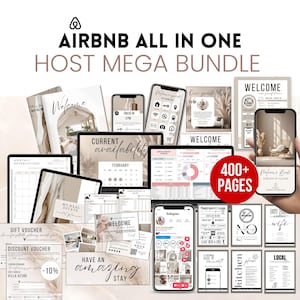 May include: A collage of digital templates for Airbnb hosts, featuring a variety of designs and layouts. The templates include welcome guides, guest books, room rules, and other helpful information for guests. The text "400+ PAGES" is prominently displayed in red.